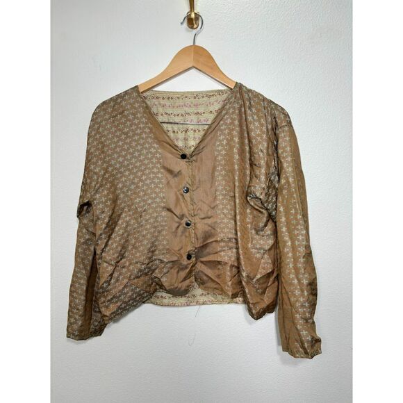 Vintage Blouse Women's Medium Brown Blue Green Silk Reversible Top Button Front - Picture 5 of 8